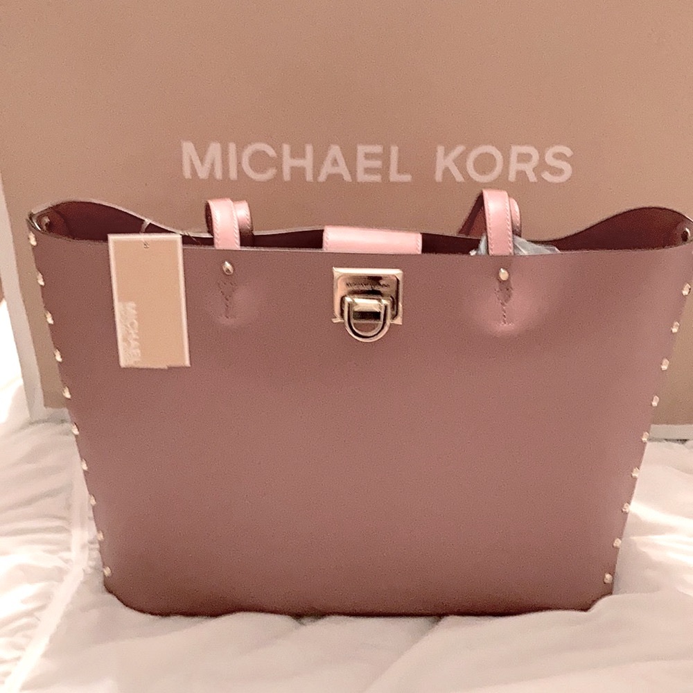 😍 FINAL SALE MICHAEL KORS “MANHATTAN MAUVE LEATHER LARGE TOTE BAG $498 🤩